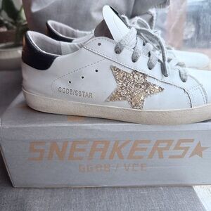 Golden Goose White Sneakers with Gold Glitter Star and Black Heel